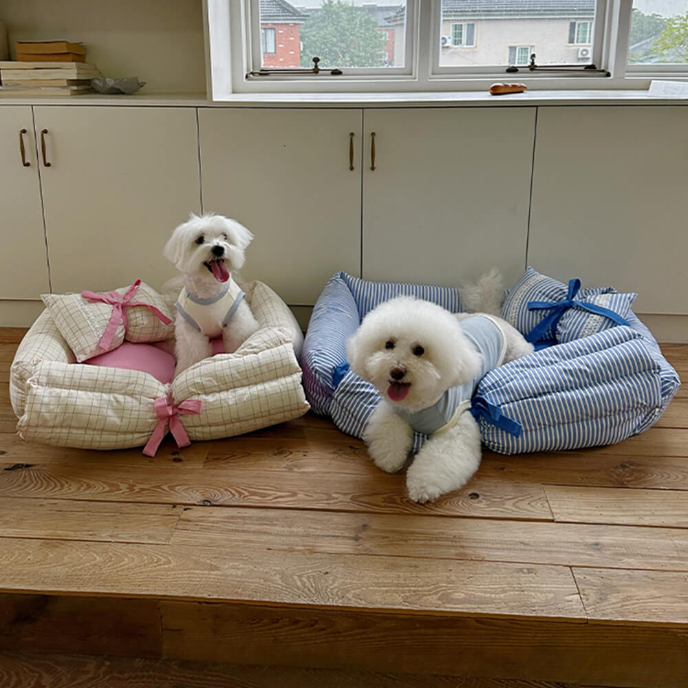 Cama romântica para cães e gatos com enchimento de microfibra e laço de princesa