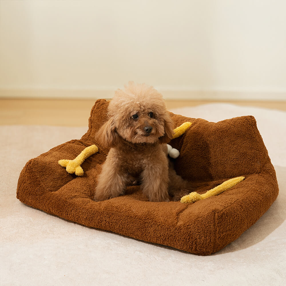 Cama de sofá elevada para cães e gatos com design de monstro de pelúcia macia