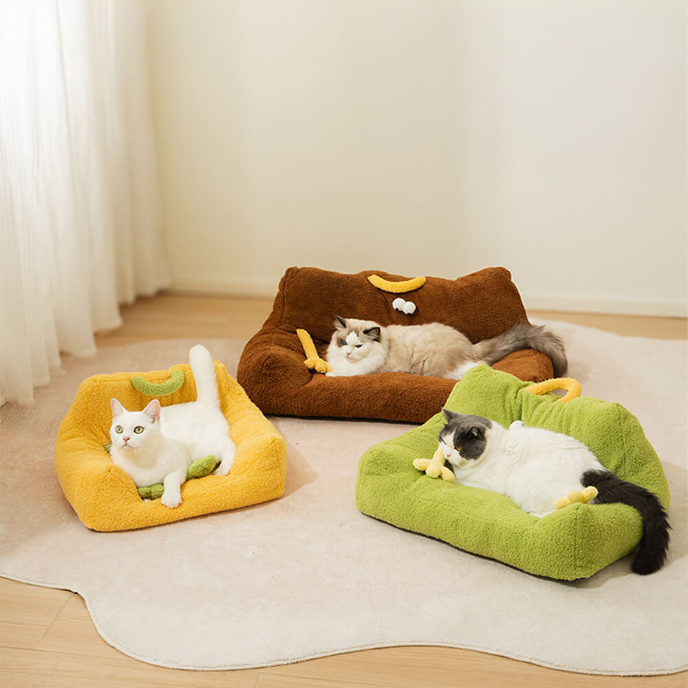 Cama de sofá elevada para cães e gatos com design de monstro de pelúcia macia