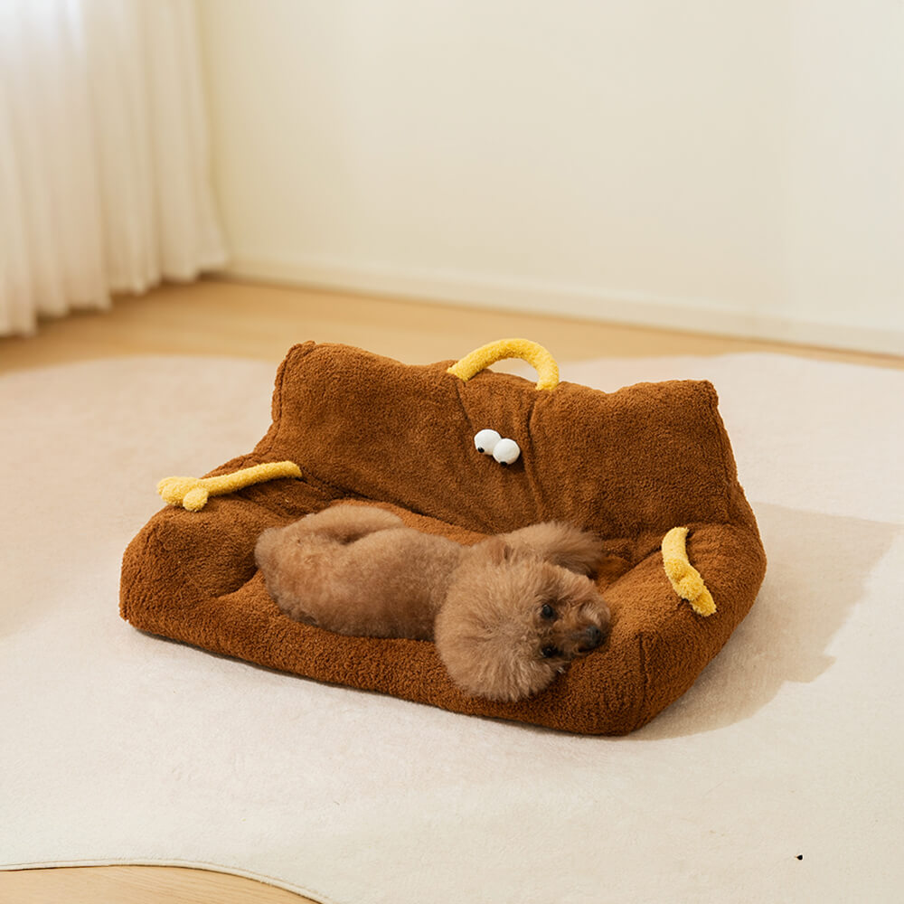 Cama de sofá elevada para cães e gatos com design de monstro de pelúcia macia