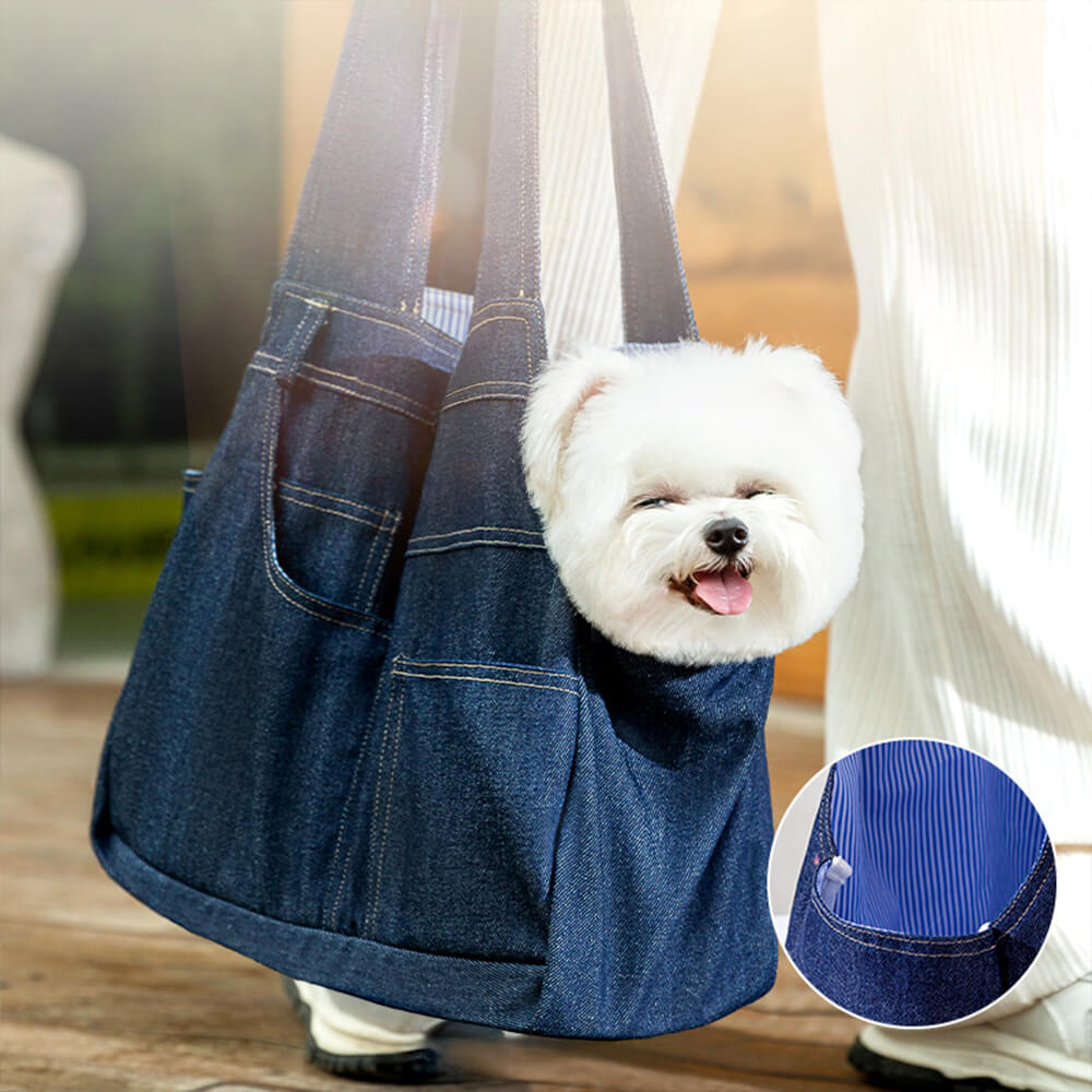 Bolsa de transporte para cães e gatos espaçosa, durável, com bolsos denim