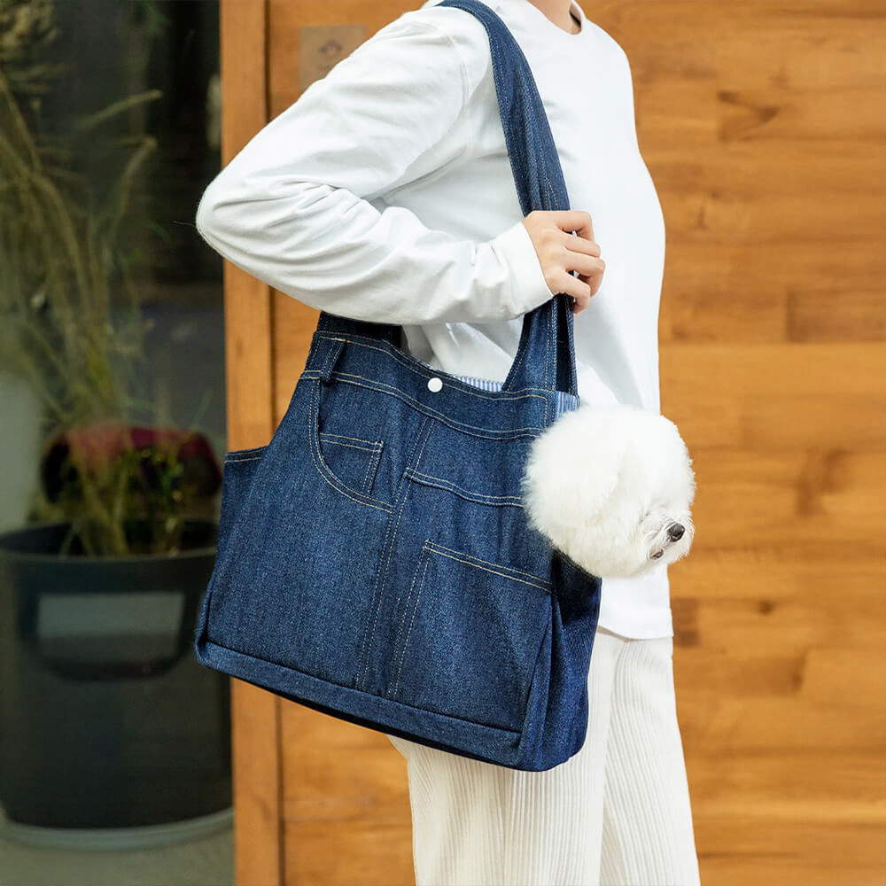 Bolsa de transporte para cães e gatos espaçosa, durável, com bolsos denim