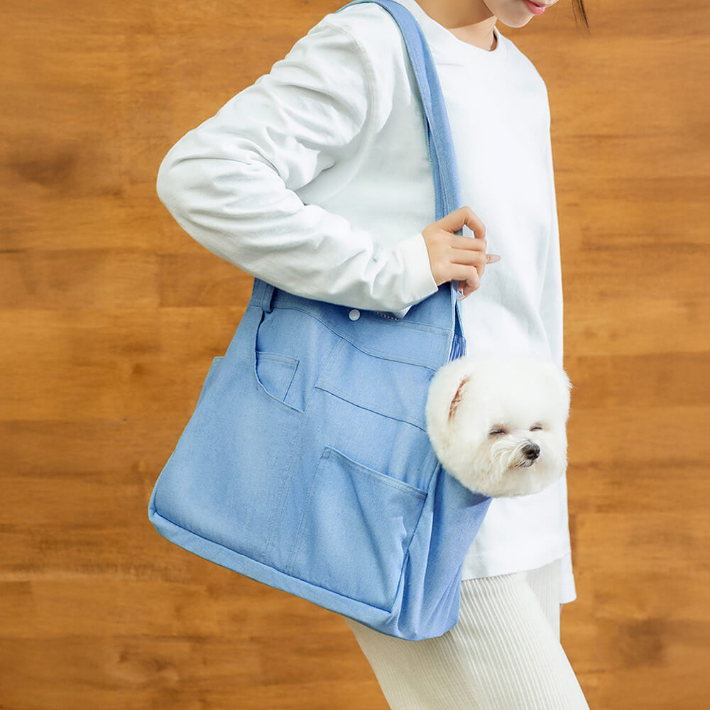 Bolsa de transporte para cães e gatos espaçosa, durável, com bolsos denim