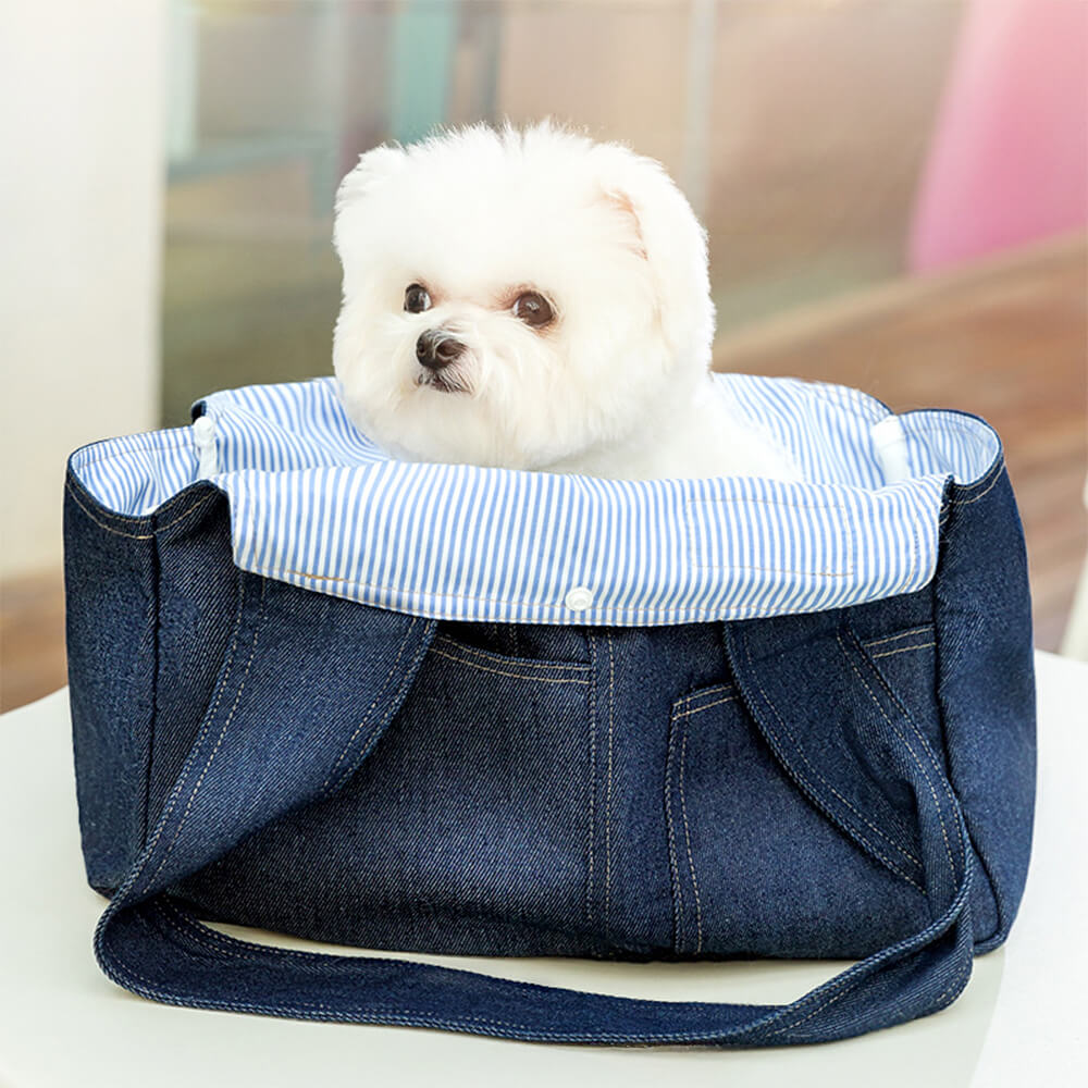 Bolsa de transporte para cães e gatos espaçosa, durável, com bolsos denim