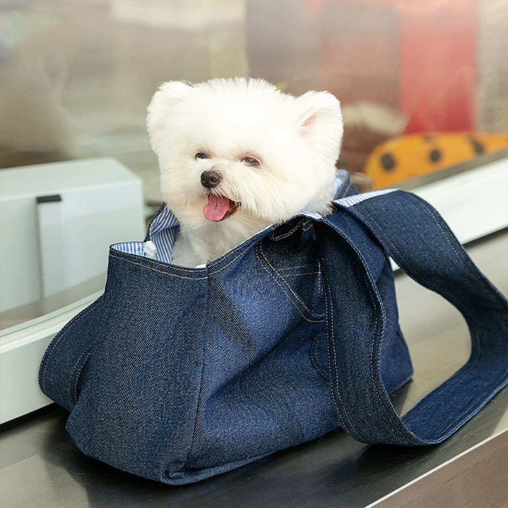 Bolsa de transporte para cães e gatos espaçosa, durável, com bolsos denim