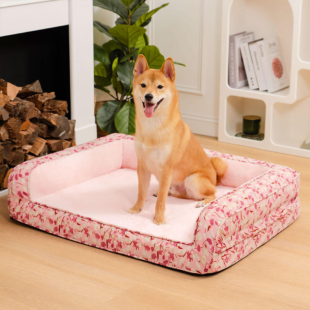 Sofá-cama ortopédico para cães com suporte total de veludo para jardim romântico