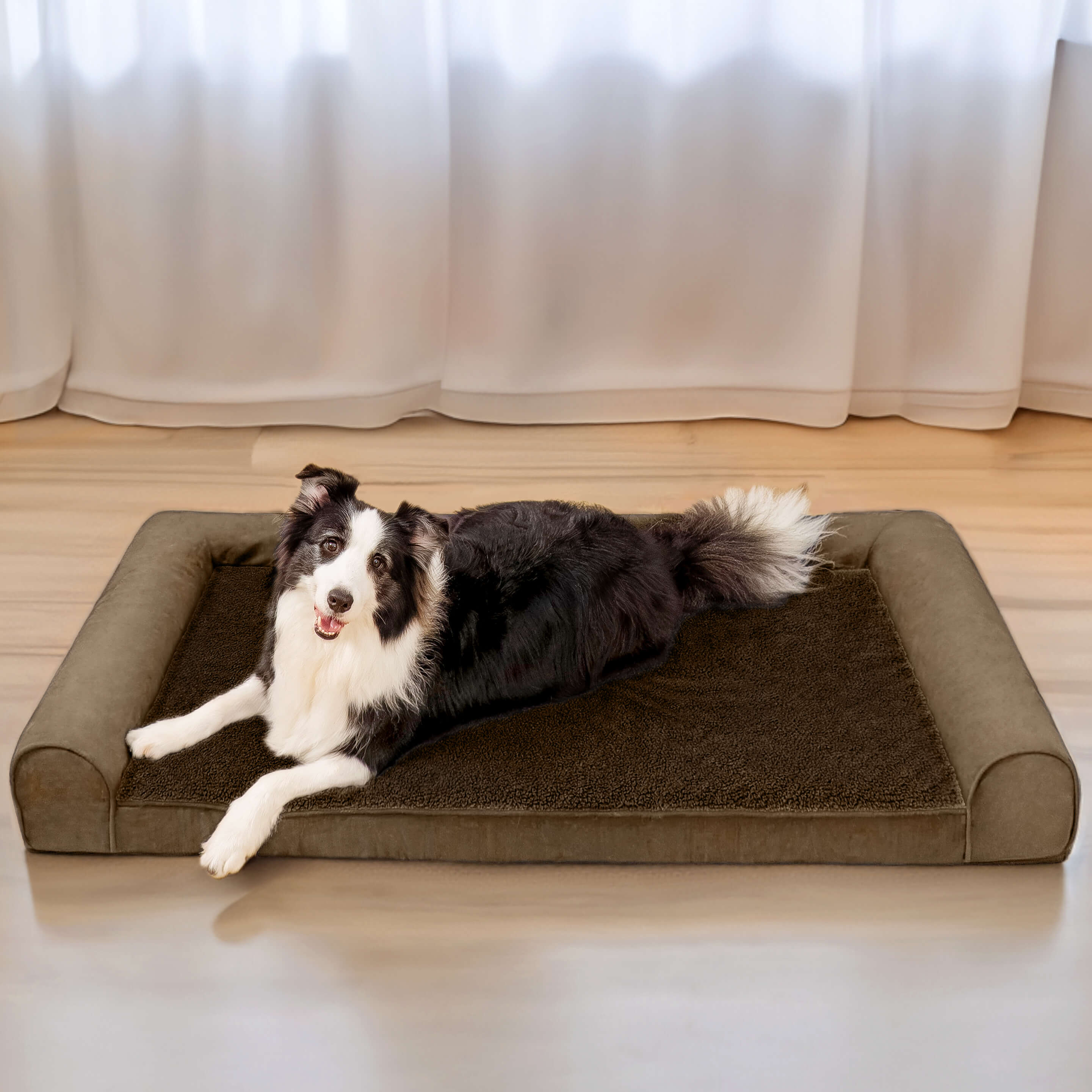 Cama ortopédica para cães com suporte total de lã sintética e camurça