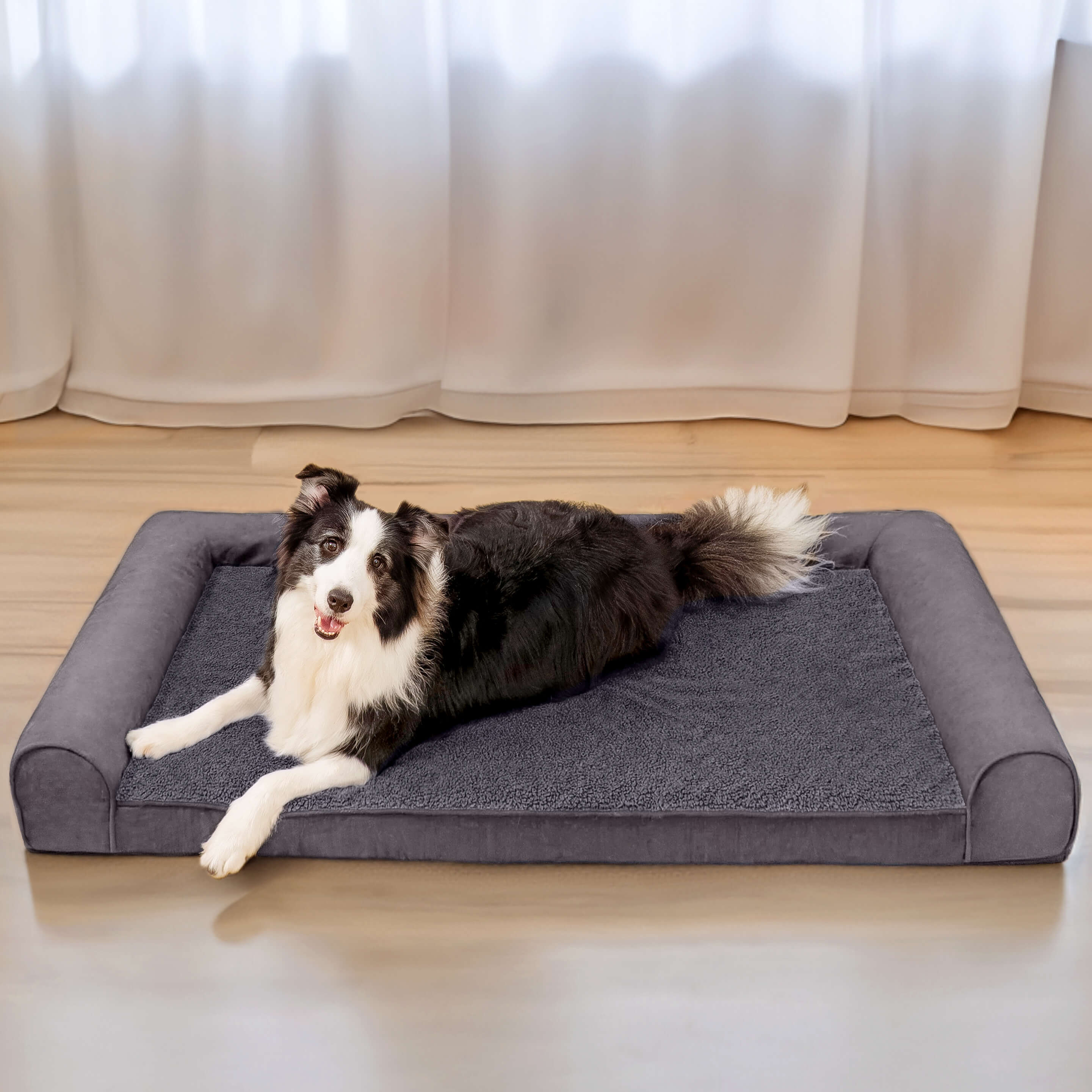 Cama ortopédica para cães com suporte total de lã sintética e camurça