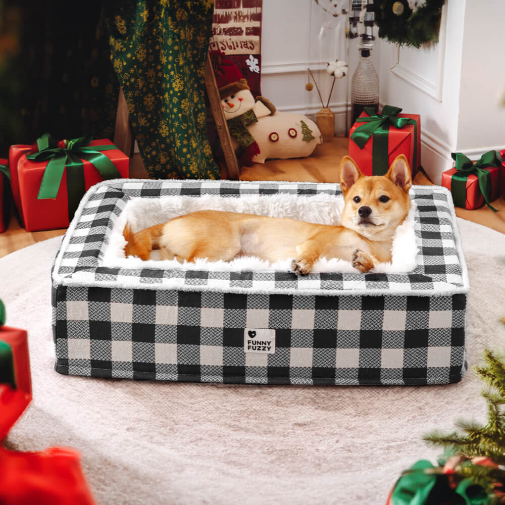 Clássica Cama Festiva Tartan Aconchegante para Cães Anti-ansiedade Calmante