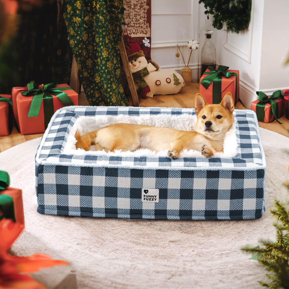 Clássica Cama Festiva Tartan Aconchegante para Cães Anti-ansiedade Calmante