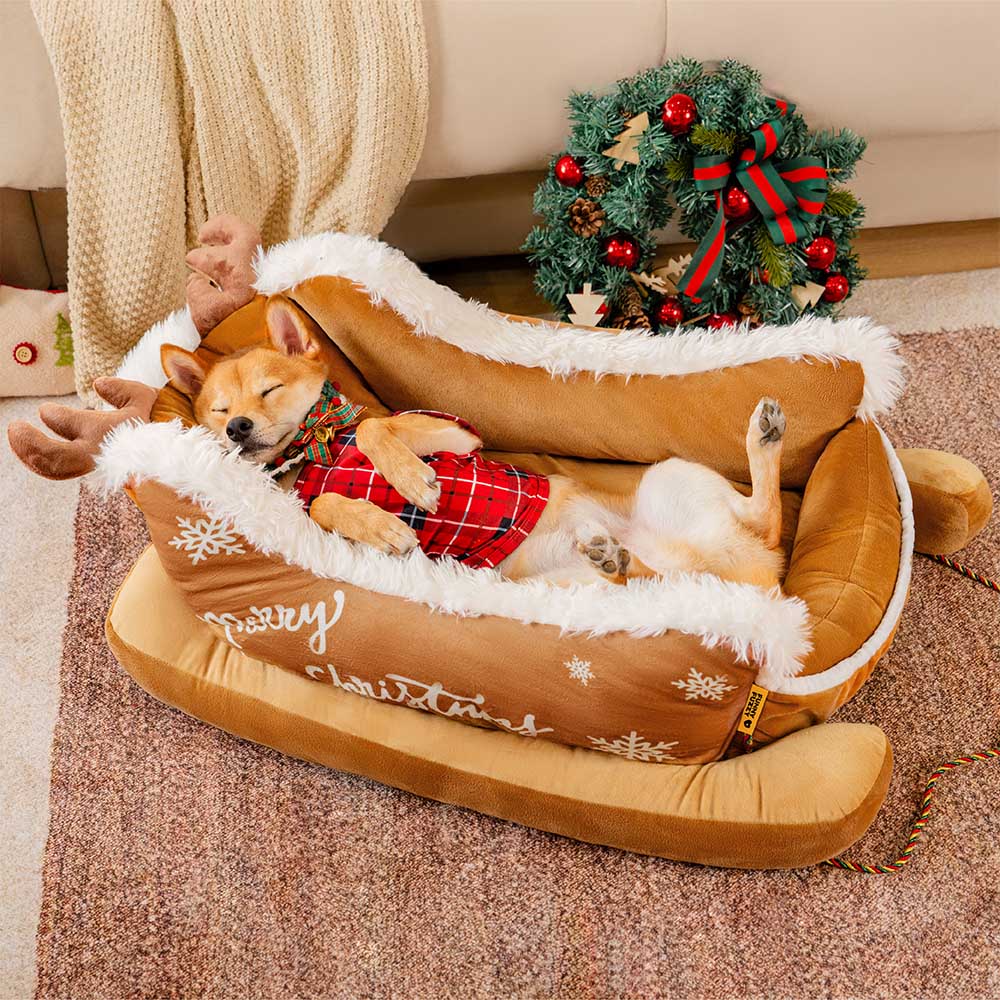 Cama de cachorro aconchegante e de pelúcia festiva - Trenó de Natal