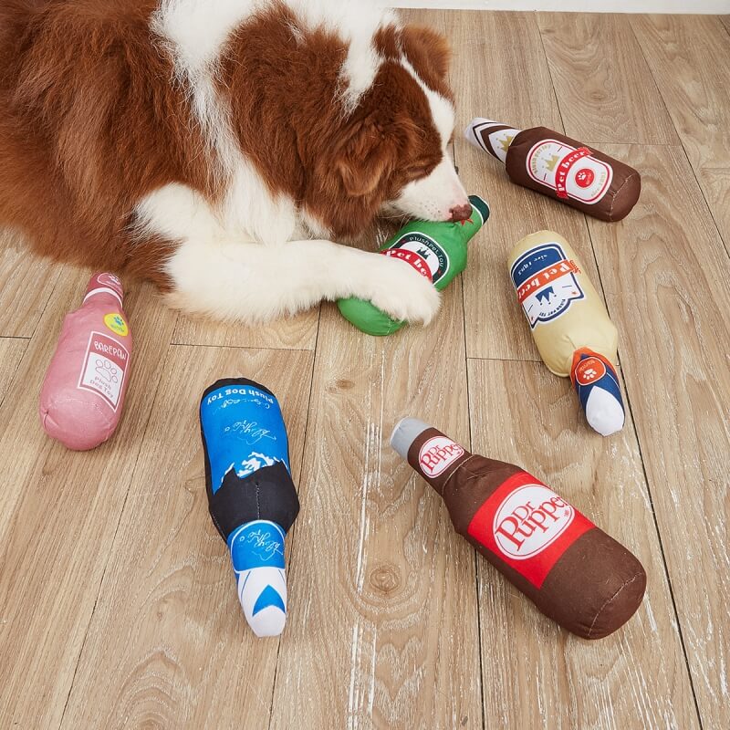 Brinquedos engraçados e fofos de pelúcia para cães, brinquedos para mastigar cerveja e bebidas