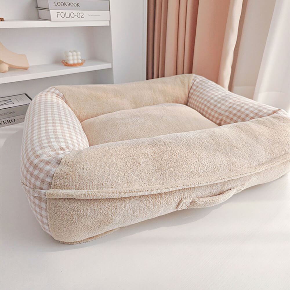 Cama para cães e gatos em lona coral fleece à prova d'água com suporte surround completo