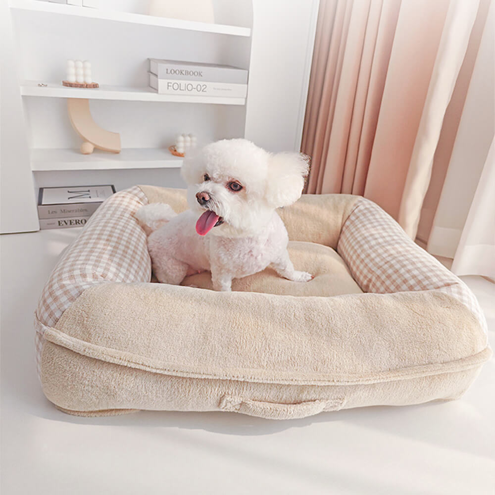 Cama para cães e gatos em lona coral fleece à prova d'água com suporte surround completo