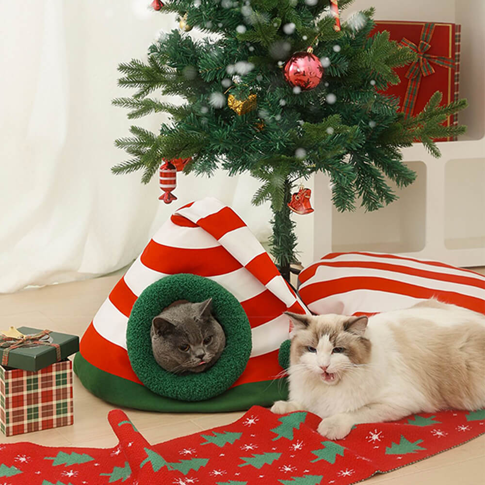 Chapéu de Natal clássico quente lavável semi-fechado cama caverna para gatos