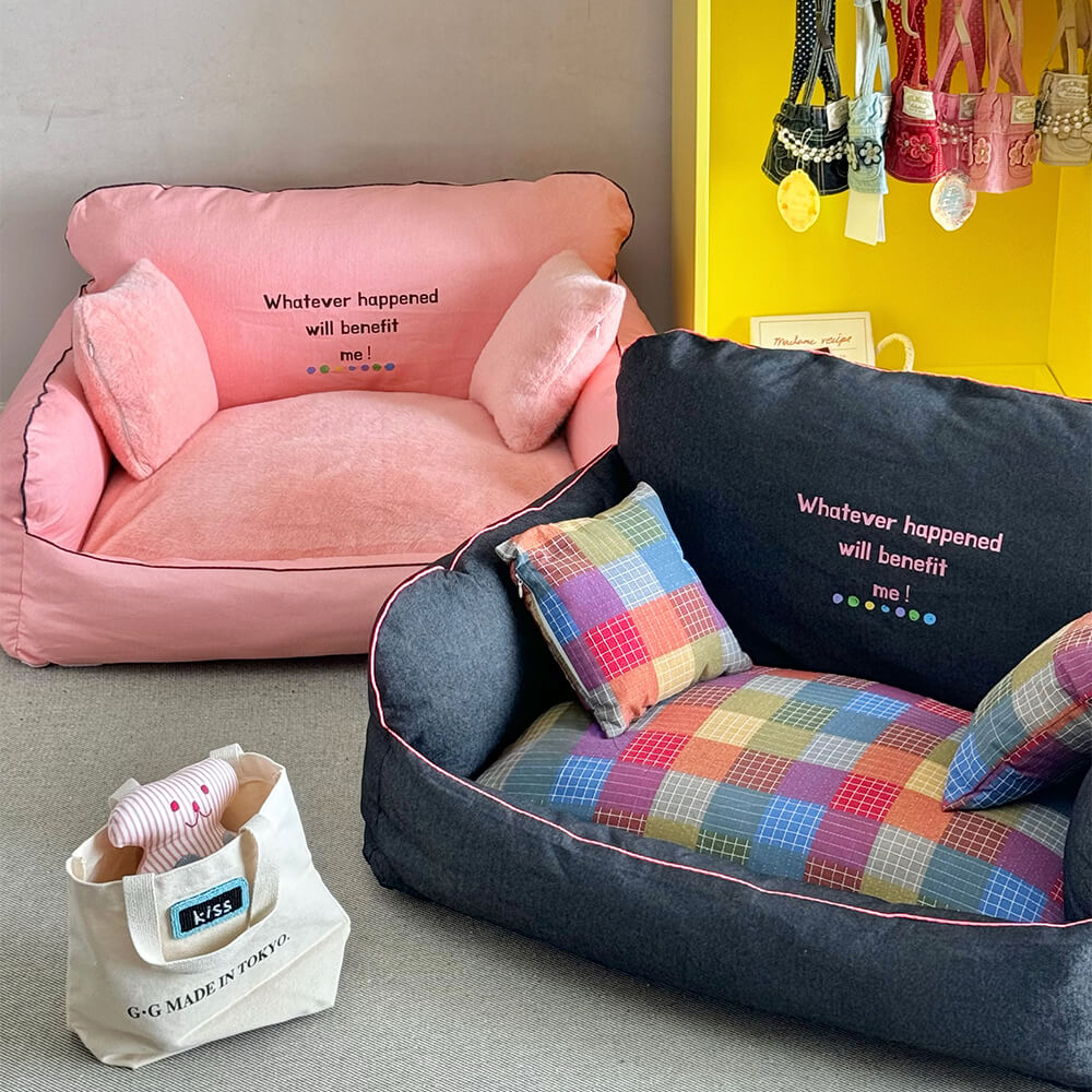 Cama de sofá para cães e gatos com encosto alto denim e almofadas reversíveis