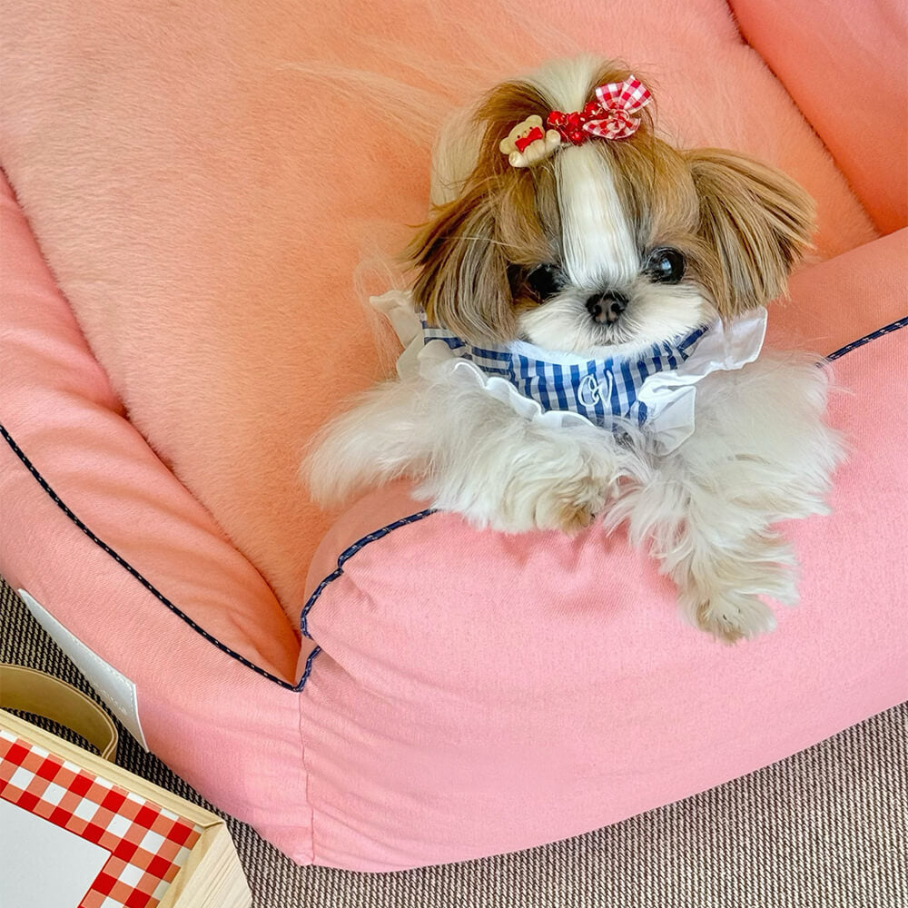 Cama de sofá para cães e gatos com encosto alto denim e almofadas reversíveis