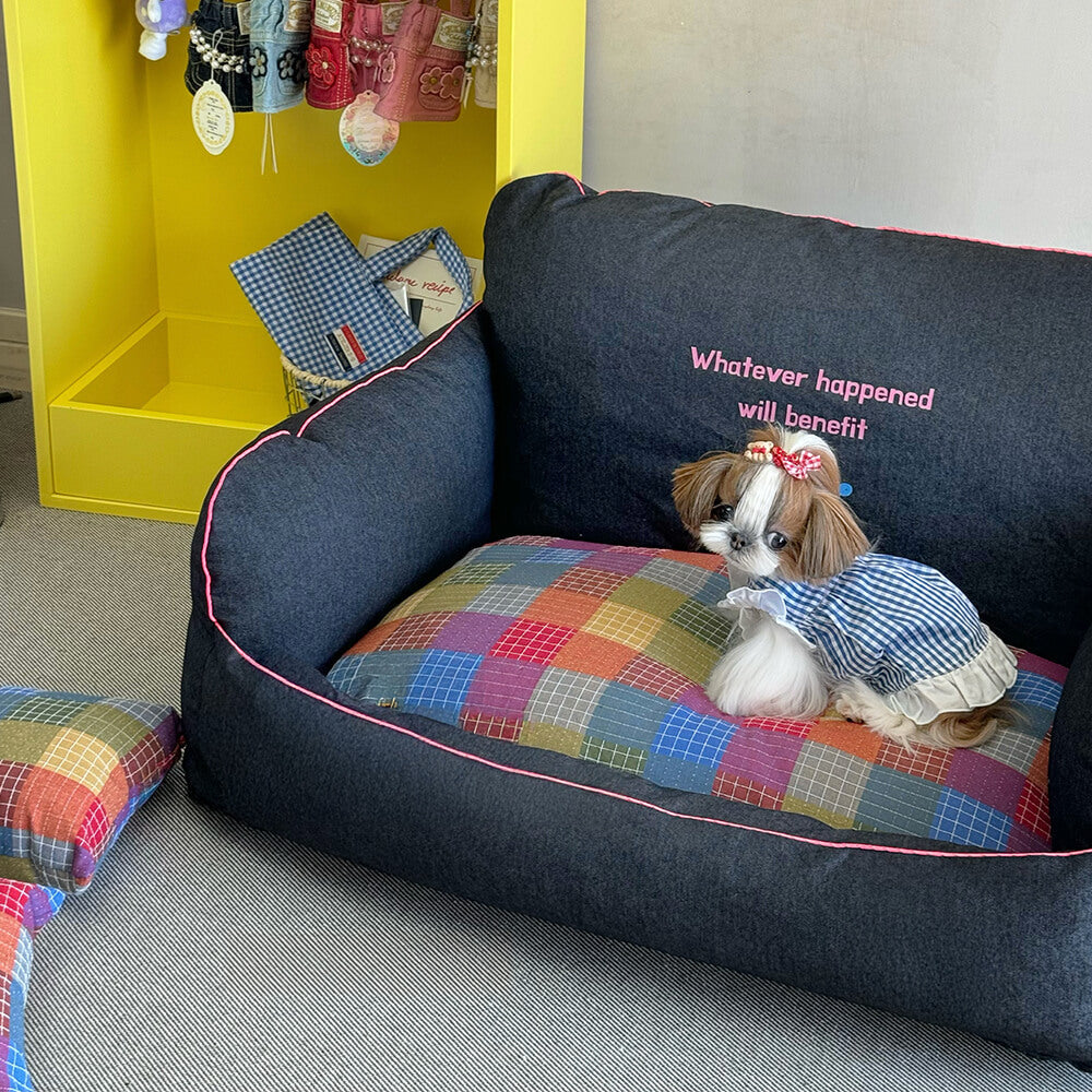 Cama de sofá para cães e gatos com encosto alto denim e almofadas reversíveis