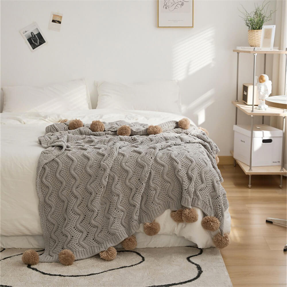 Cobertor aconchegante estilo nórdico de chenille pom pom com fronha