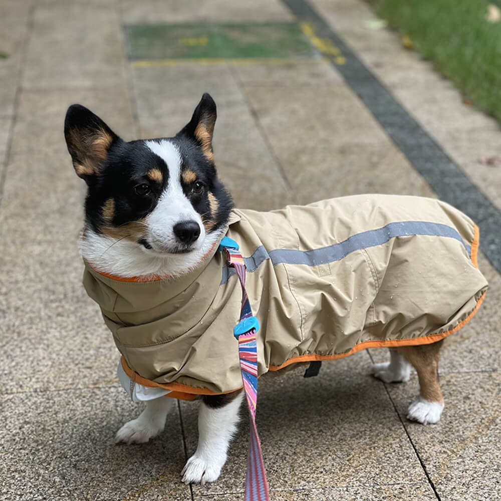 Capa de chuva leve e impermeável para cães ao ar livre com capuz de faixa refletiva