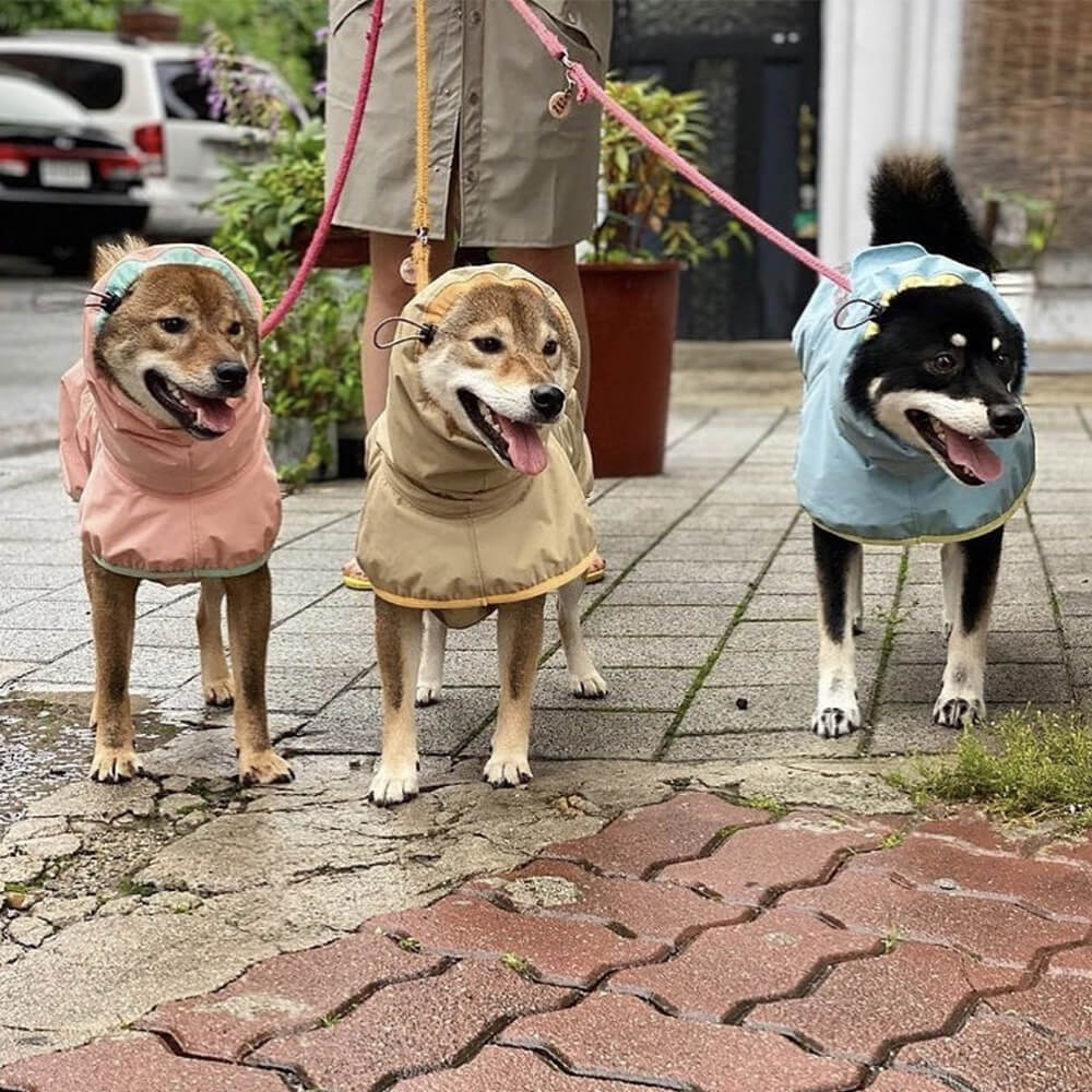 Capa de chuva leve e impermeável para cães ao ar livre com capuz de faixa refletiva