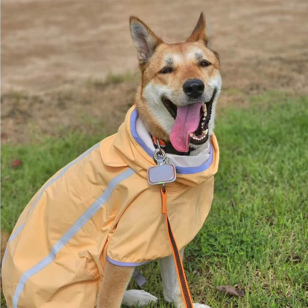 Capa de chuva leve e impermeável para cães ao ar livre com capuz de faixa refletiva