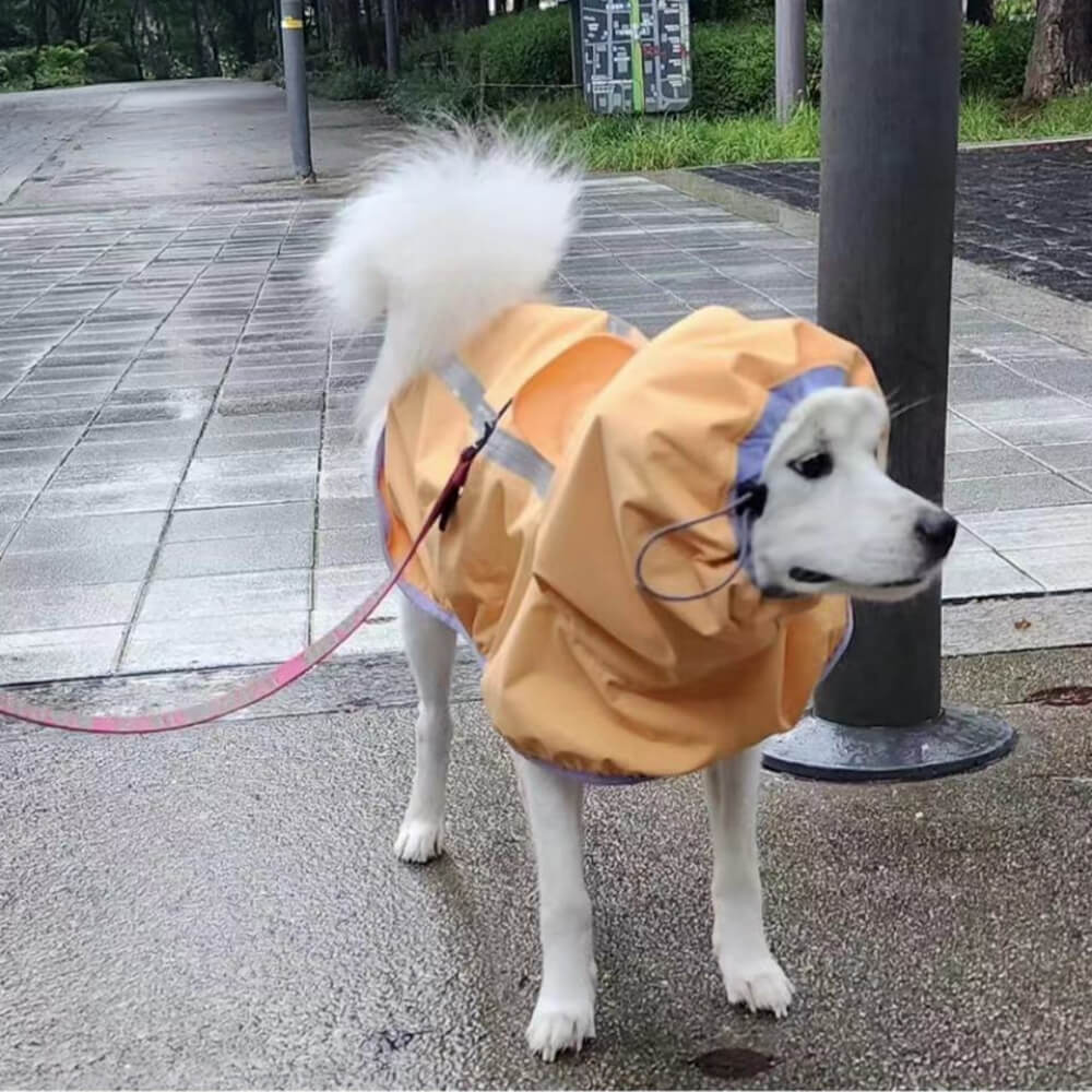 Capa de chuva leve e impermeável para cães ao ar livre com capuz de faixa refletiva