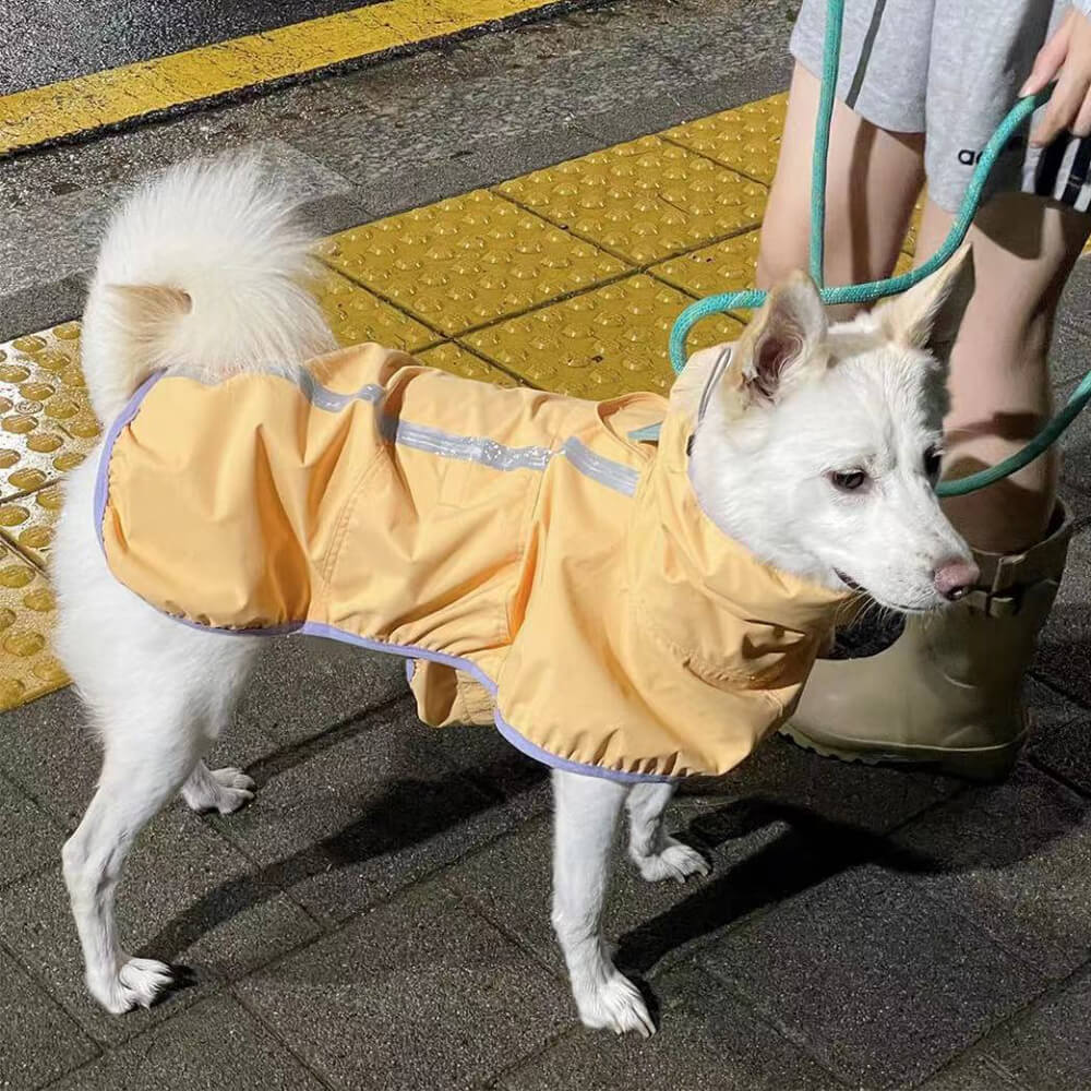 Capa de chuva leve e impermeável para cães ao ar livre com capuz de faixa refletiva