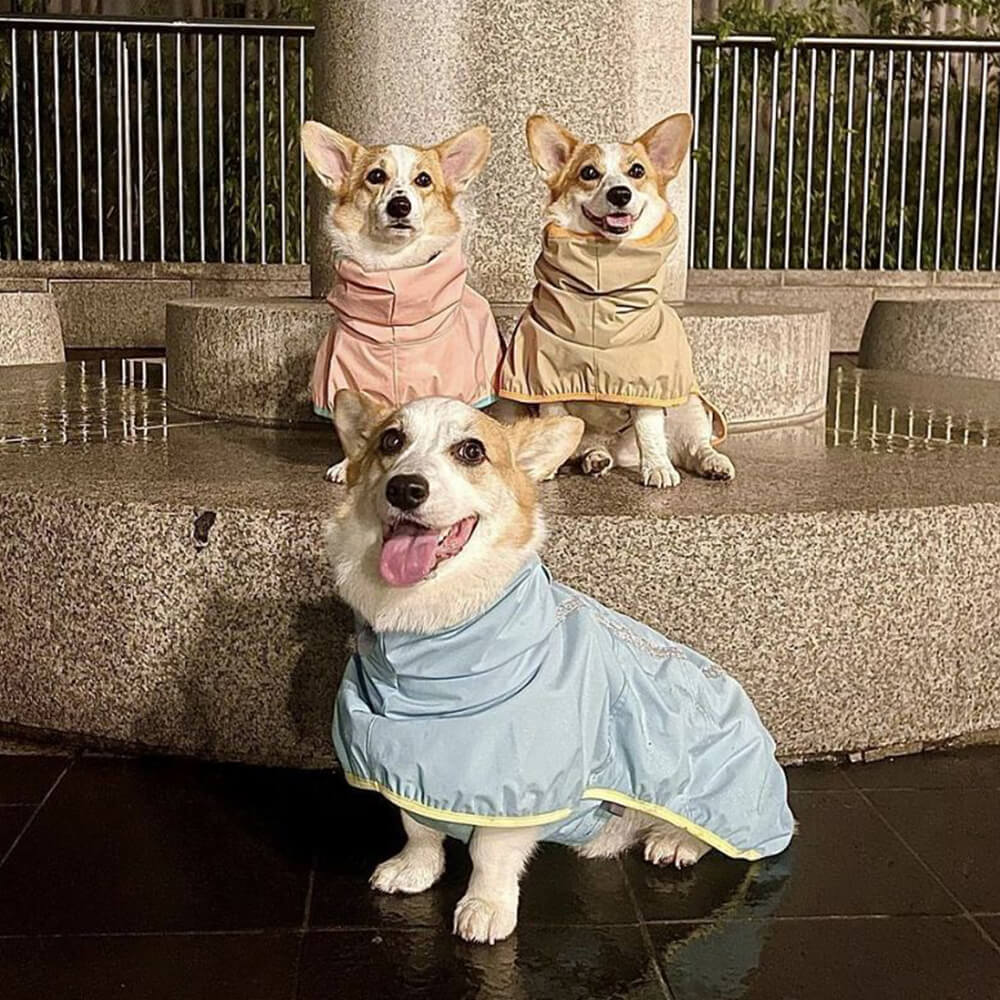 Capa de chuva leve e impermeável para cães ao ar livre com capuz de faixa refletiva