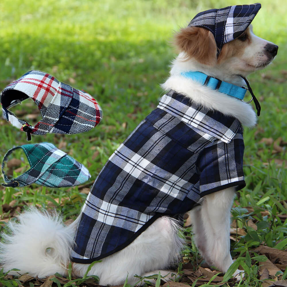 Conjunto de Chapéu e Casaco Ajustável para Cão com Proteção Solar em Oxford xadrez