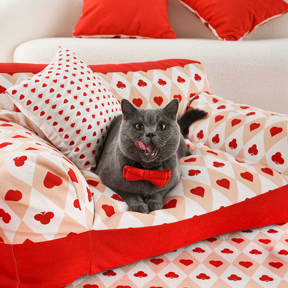 Sofá retrô vermelho coração pôquer para animais de estimação com suporte total para sofá-cama para cães