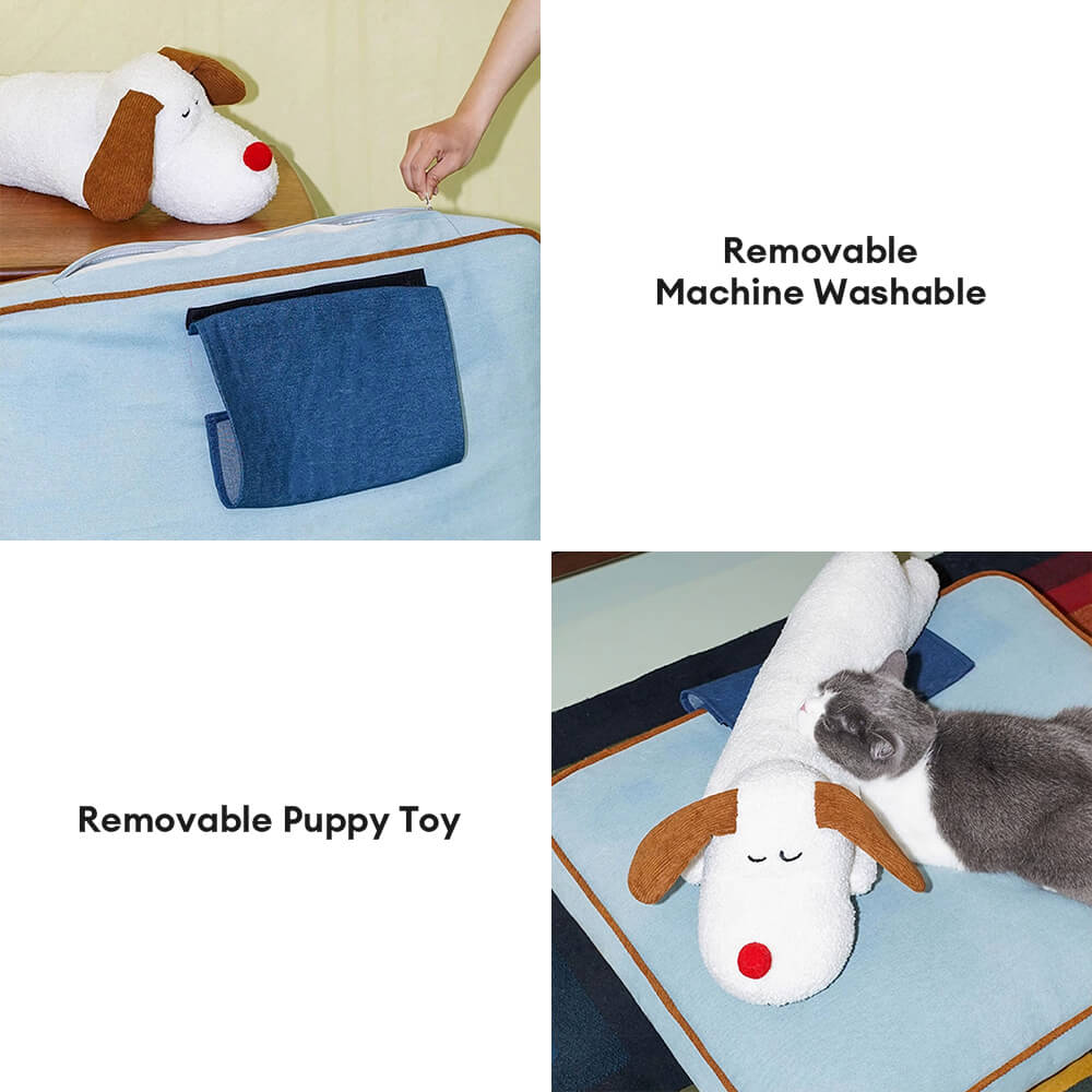 Tapete espaçoso para cães e gatos com decoração jeans e almofada de boneca removível