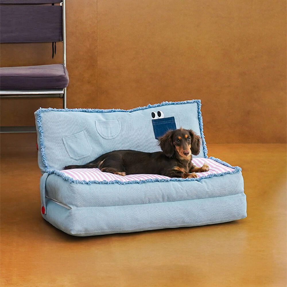 Sofá-cama espaçoso dobrável denim multifuncional para cães e gatos