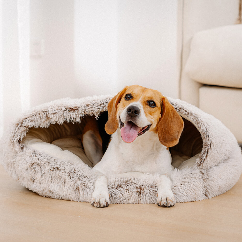 Cama calmante de pelúcia semi-fechada para animais de estimação para cães