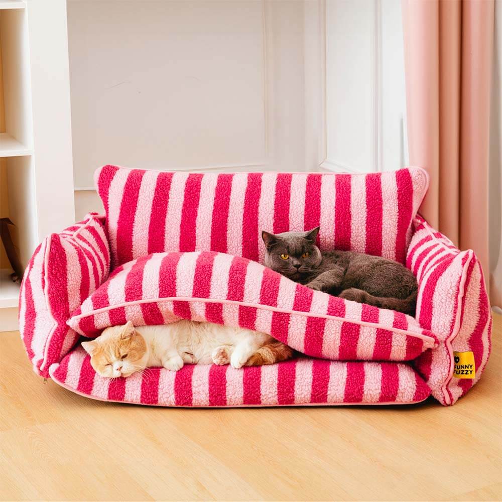 Sofá-cama moderno listrado de lã de cordeiro falsa de camada dupla para gato