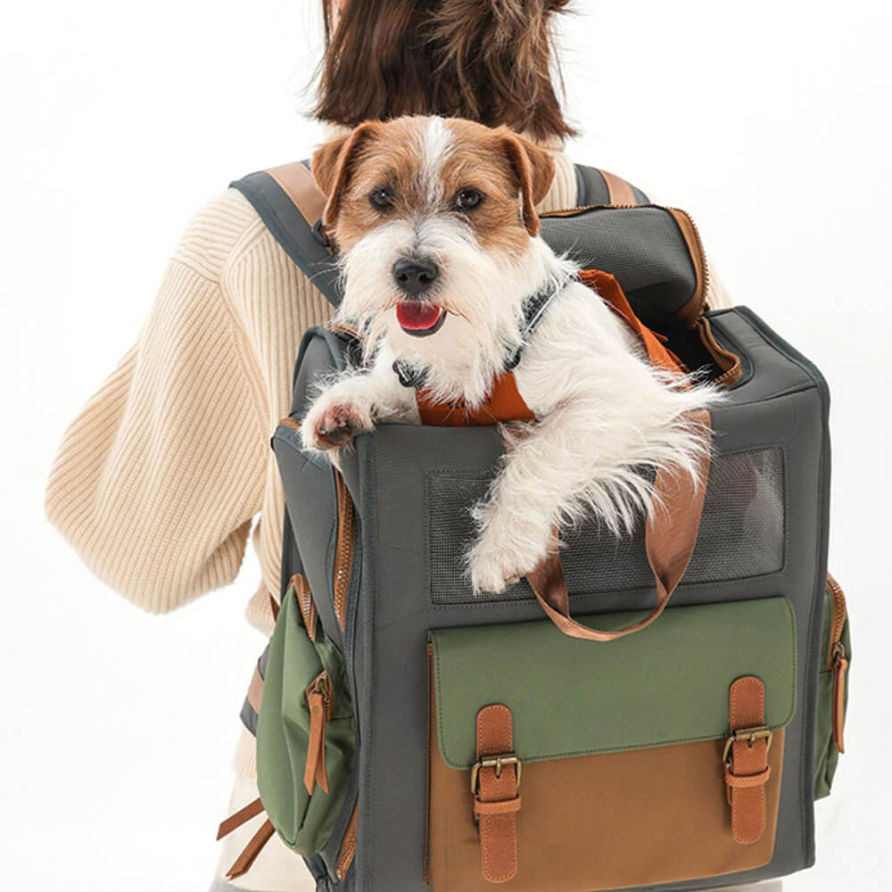 Mochila de transporte para animais de estimação em lona impermeável e respirável de duas cores