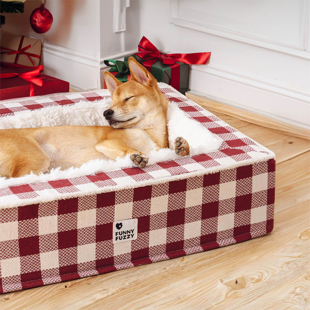 Cama festiva clássica tartan aconchegante para cães anti-ansiedade calmante