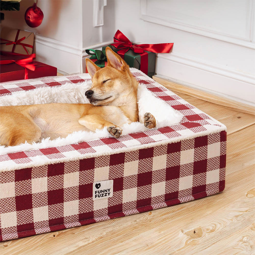 Clássica Cama Festiva Tartan Aconchegante para Cães Anti-ansiedade Calmante