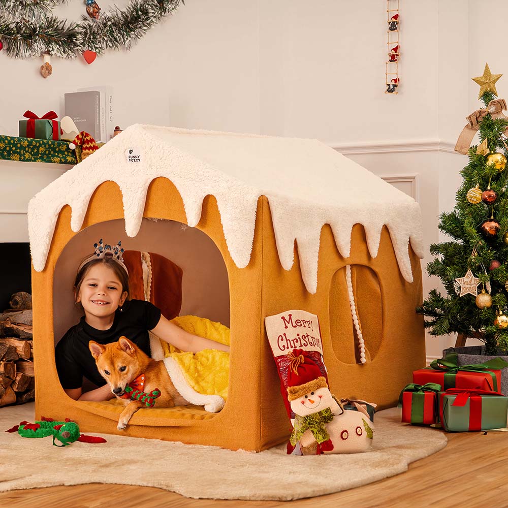 Casa de neve de Natal, calor aconchegante, casa de cachorro grande