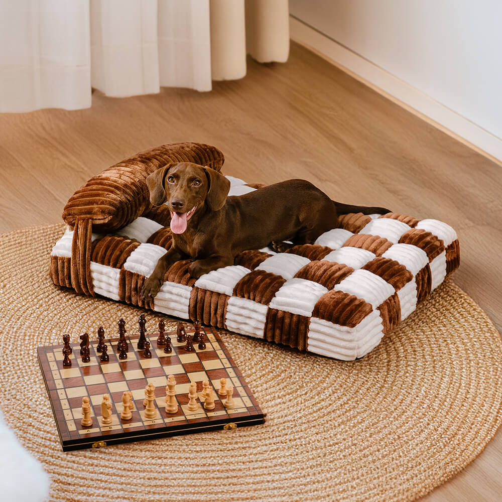 Handmade Plush Chessboard Orthopedic Support Dog Bed with Pillow