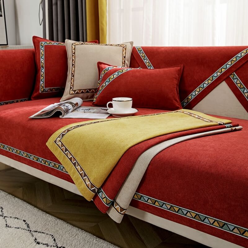 Cobertura Confortável Antiderrapante para Sofá em Chenille de Cor Sólida com Decoração Geométrica