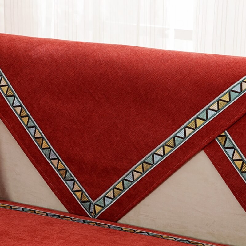 Cobertura Confortável Antiderrapante para Sofá em Chenille de Cor Sólida com Decoração Geométrica