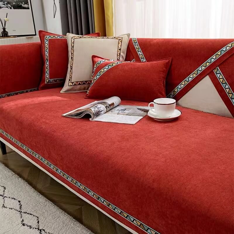 Cobertura Confortável Antiderrapante para Sofá em Chenille de Cor Sólida com Decoração Geométrica