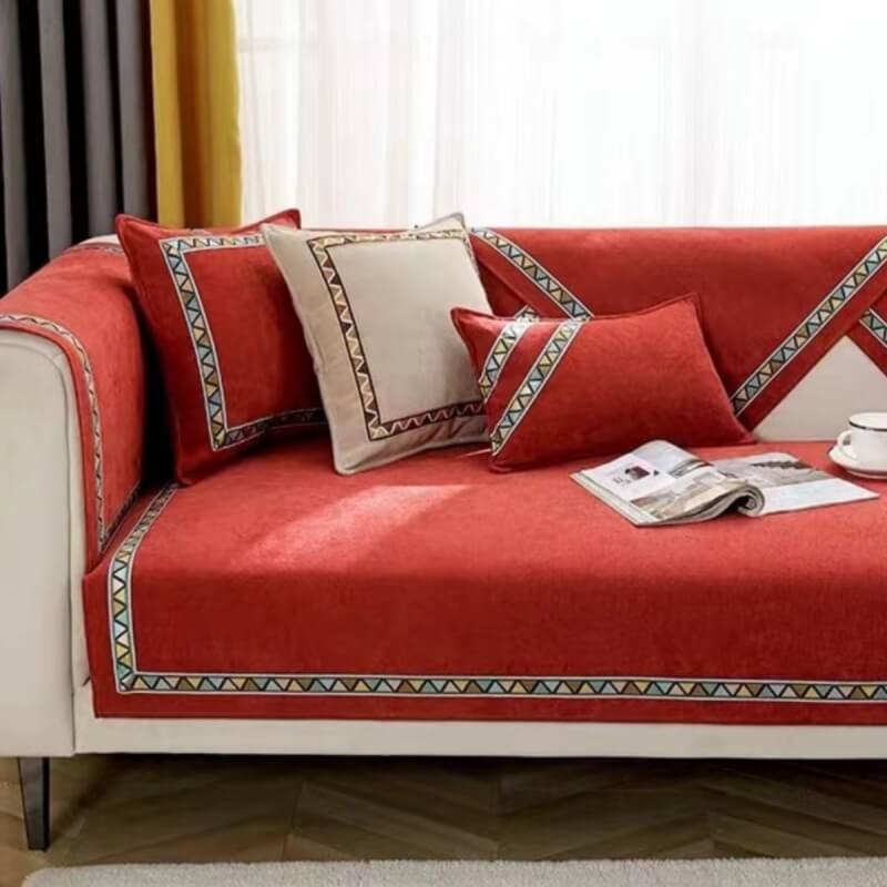 Cobertura Confortável Antiderrapante para Sofá em Chenille de Cor Sólida com Decoração Geométrica