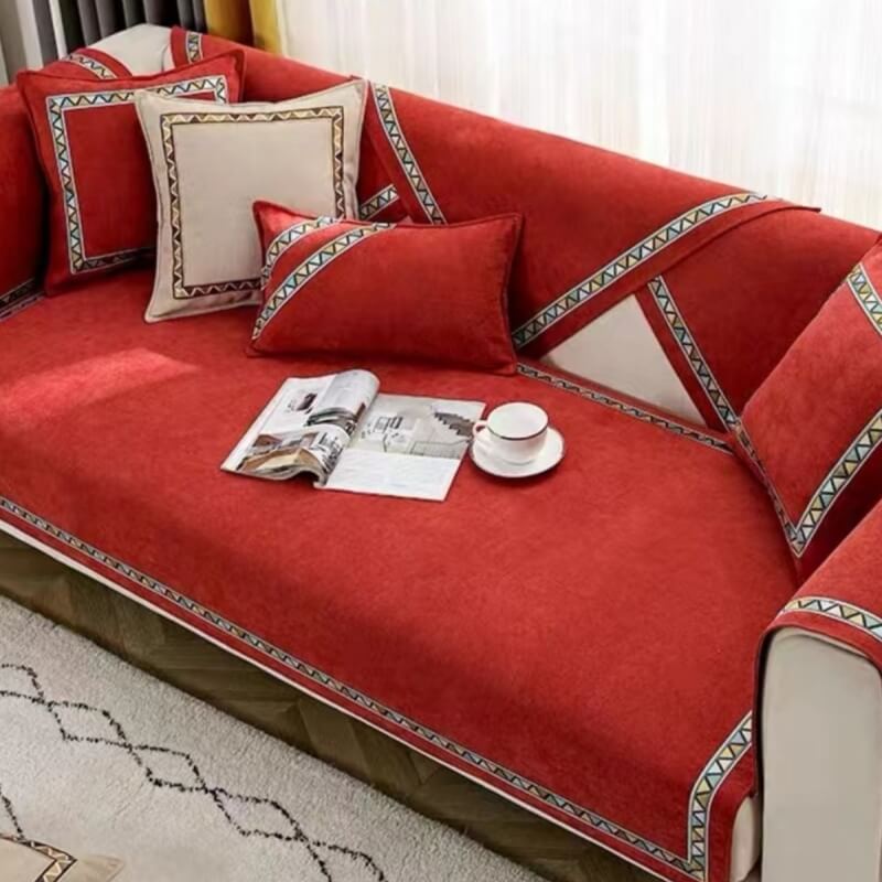 Cobertura Confortável Antiderrapante para Sofá em Chenille de Cor Sólida com Decoração Geométrica