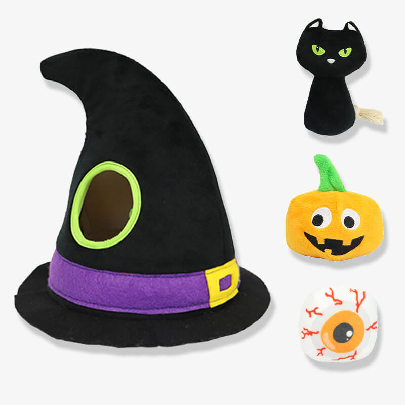 Chapéu de bruxa de Halloween, abóbora estridente, olhos de gato preto, cachorro, conjunto de brinquedos de quatro peças