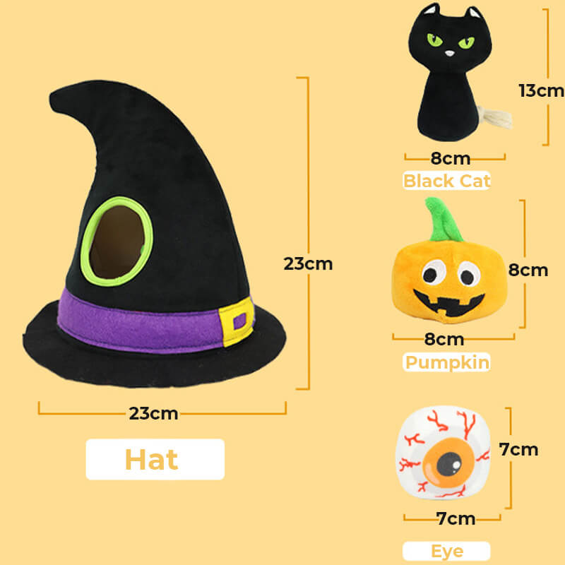 Chapéu de bruxa de Halloween, abóbora estridente, olhos de gato preto, cachorro, conjunto de brinquedos de quatro peças