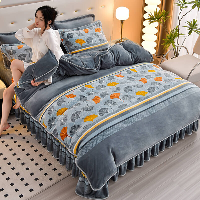 Conjunto de lençóis confortáveis de veludo floral caseiro com saia de cama