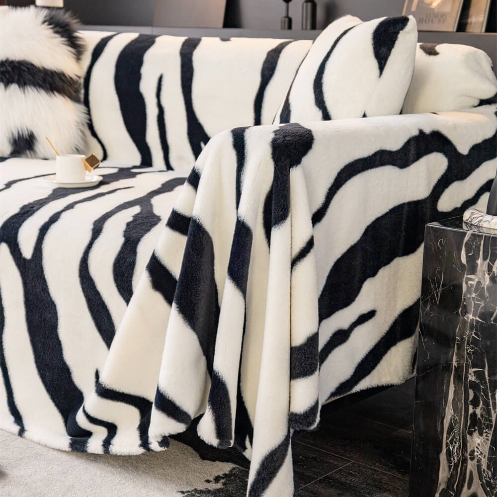 Protetor de sofá de pelúcia fofo com estampa de zebra luxuosa e capa de sofá estilosa