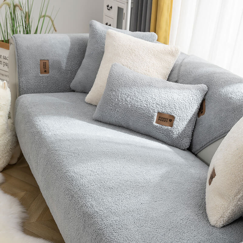 Capa de sofá antiderrapante espessa e felpuda de lã sherpa